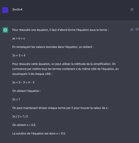 résolution par ChatGPT de l'équation 2x + 3 = 4