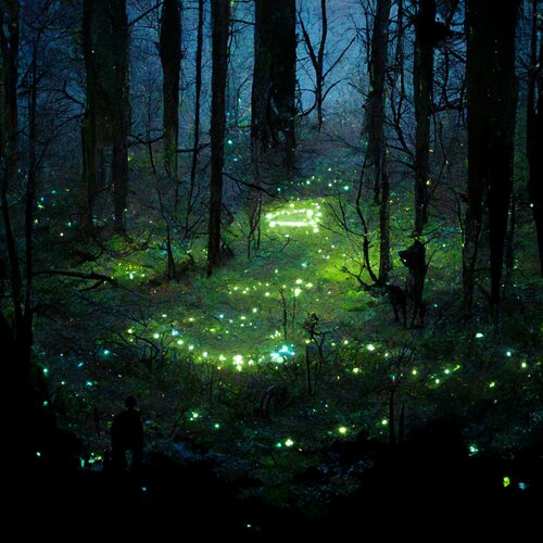Peinture representant une forêt de nuit, avec un vol de lucioles