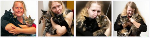 Photos d'une jeune femme aux cheveux longs et blonds tenant dans ses bras deux chats, un tigré, l'autre noir