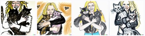 Dessins d'une jeune femme aux cheveux longs et blonds tenant dans ses bras deux chats, un tigré, l'autre noir