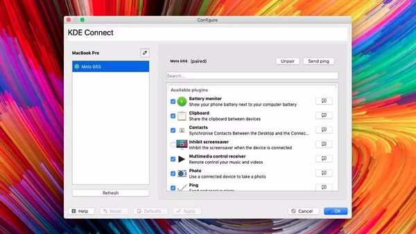 capture d'écran du logiciel KDE Connect
