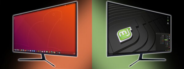 Deux écrans d'ordinateur, l'un avec l'interface Ubuntu et l'autre avec l'interface Linux Mint